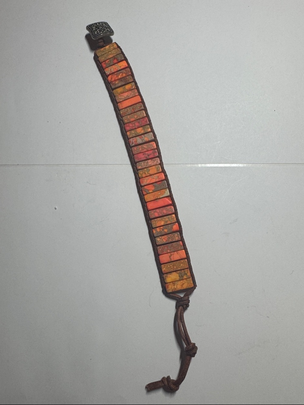 Handmade Orange and Brown Tiled Leather Bracelet